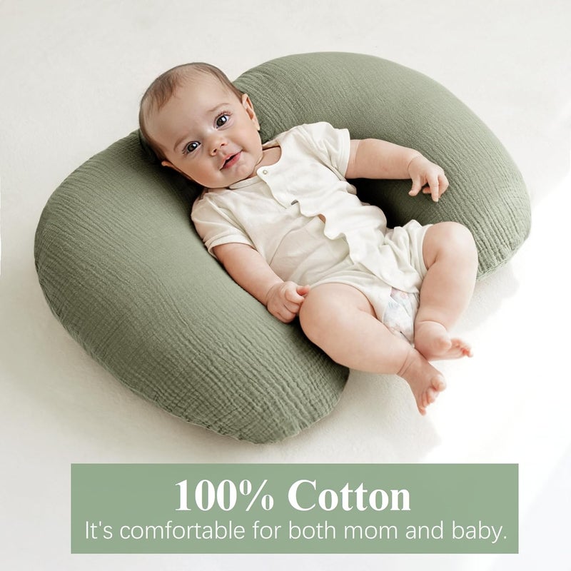 Coreeky Muslin Nursing Pillow Covers, 2 Pack, Soft & Adorable Slipcovers with Zipper Closure, 100% Cotton Covers for Breastfeeding Pillows (Twig, Grayish Green) - Image 3